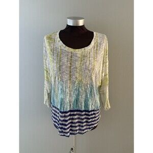 David Cline Top Size M Blue Green White Stripe Print Crinkle Semi Sheer
